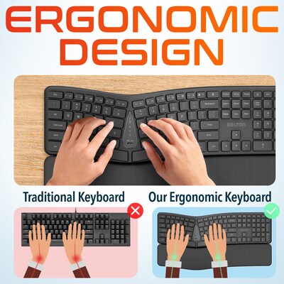 Delton KB250 Ergonomic Wireless Curved Keyboard with Cushioned Wrist Rest, Black (DKBE250-WR)
