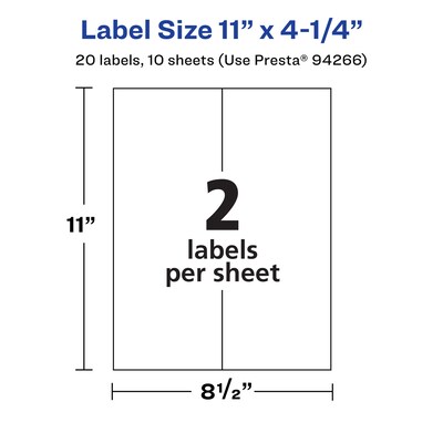 Avery Laser/Inkjet Rectangle Waterproof Multipurpose Labels, 4.25"  x 11", White, 20/Pack (94266)