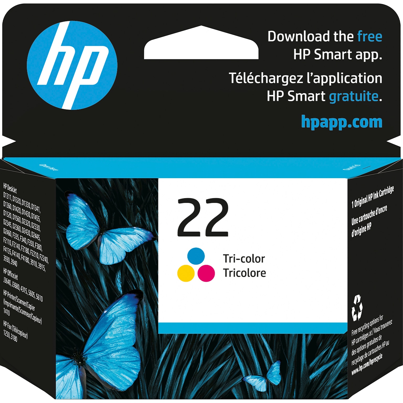 HP 22 Tri-Color Standard Yield Ink Cartridge, Prints Up to 165 Pages (C9352AN#140)