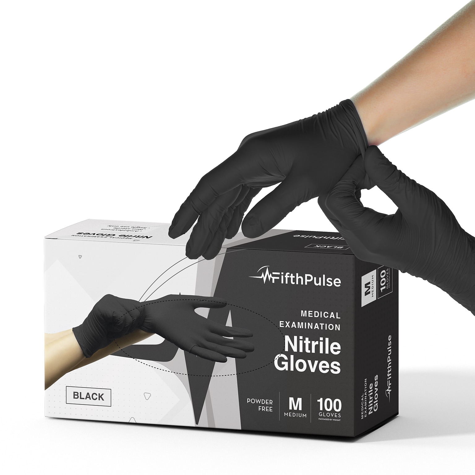 Fifth Pulse Powder Free Nitrile Exam Gloves, Latex Free, Medium, Black, 100 Gloves/Box (FMN100002)