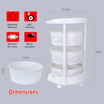 Dbest Octopus 360 3-Tier Plastic Rolling Kitchen Cart, White (01-914)