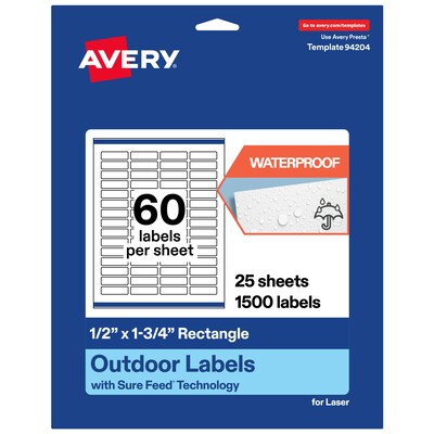 Avery Waterproof Rectangle Laser Multipurpose Labels, 0.5 x 1.75, White, 1500/Pack (19479399209)