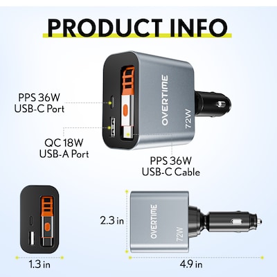 Overtime A50 72W USB-C and USB-A Car Charger with 2 ft Retractable USB-C Cable, Black (OCA50BK)