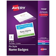 Avery Pin Style Laser/Inkjet Name Badge Kit, 3 x 4, Clear Holders with White Inserts, 100/Box (745