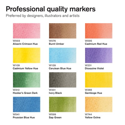Winsor & Newton Promarker Dual-Tip Watercolor Alcohol Based Marker, Basic Tones, 12/Pack (WNX0290165)