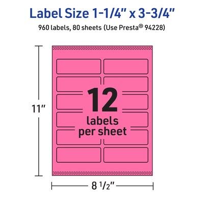 Avery Laser/Inkjet Rectangle Multipurpose Labels, 1.25" x 3.75", Bright Pink, 960/Box (94228)