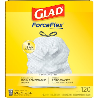 Glad ForceFlex Tall 13 Gallon Kitchen Drawstring Trash Bags, White, 120/Box (78939)