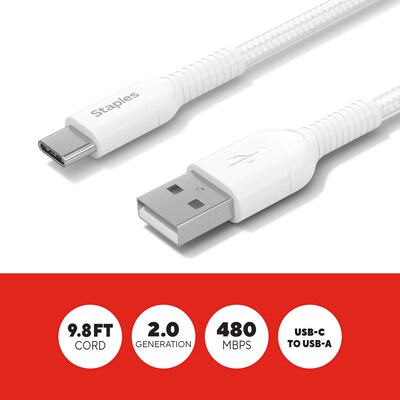 Staples TECH USB-C to USB-A Charging Cable, 9.8 ft., White (ST62339)