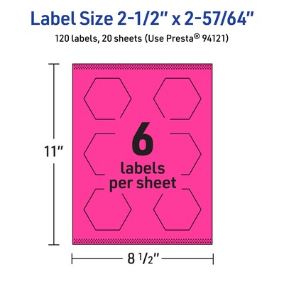 Avery Hexagon Laser/Inkjet Multipurpose Labels, 2-1/2" x 2-57/64", Neon Magenta (120/Pack)