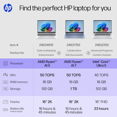 HP OmniBook 5 16" 2K Laptop, Copilot+ PC, AMD Ryzen AI 5 340, 16GB RAM, 512GB SSD, +16.75 hours battery, Windows 11 Home