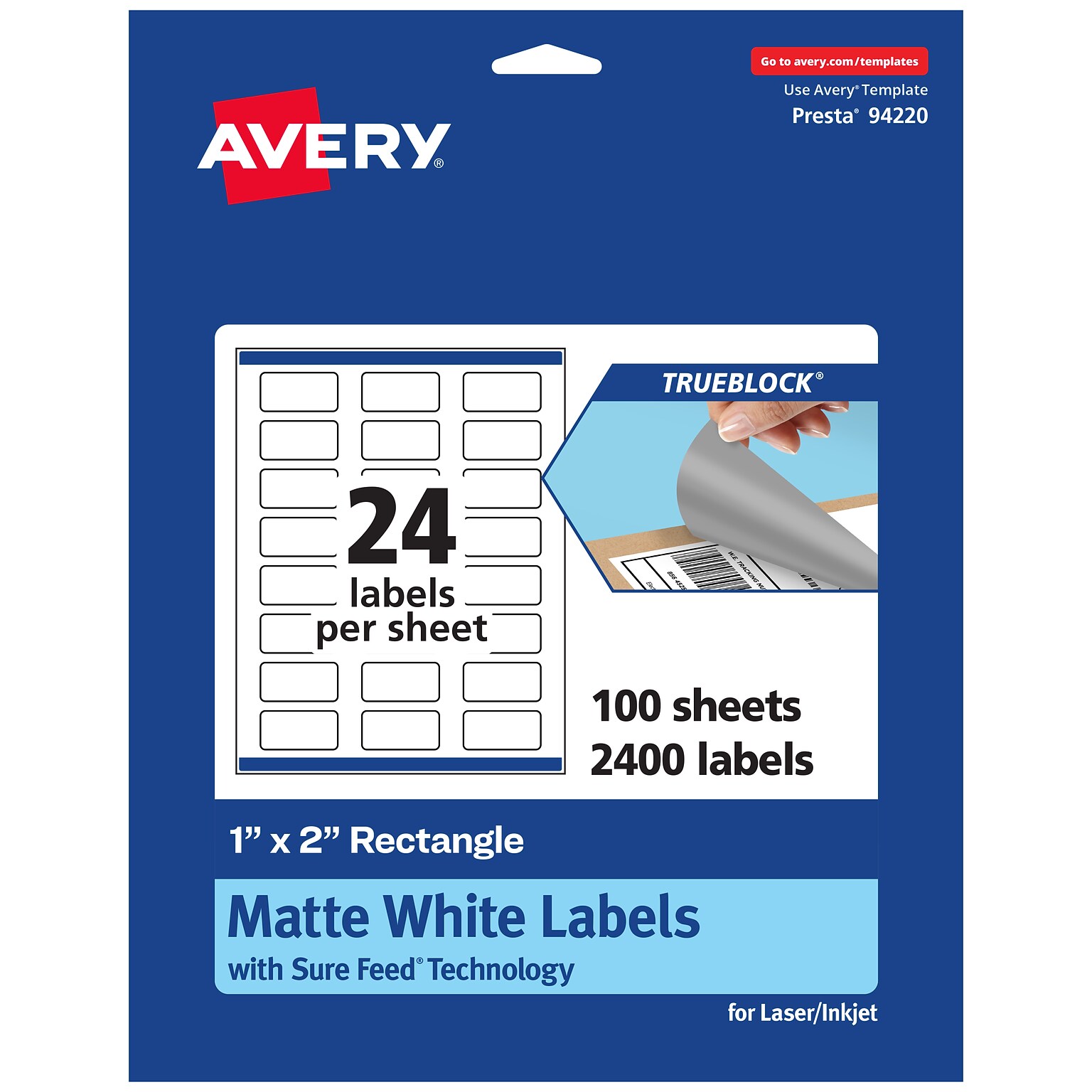 Avery Laser/Inkjet Multipurpose Labels, White, 24 Labels/Sheet, 100 Sheets/Pack (94220-TWMP100)