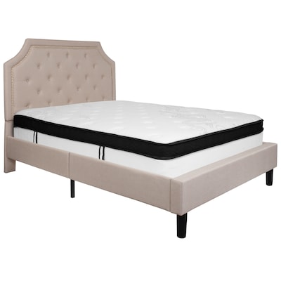 Flash Furniture Brighton Tufted Upholstered Platform Bed in Beige Fabric with Memory Foam Mattress,