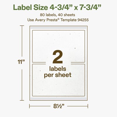 Avery Hemp Rectangle Laser/Inkjet Multipurpose Labels, 4-3/4" x 7-3/4", Off-White (80/Box)