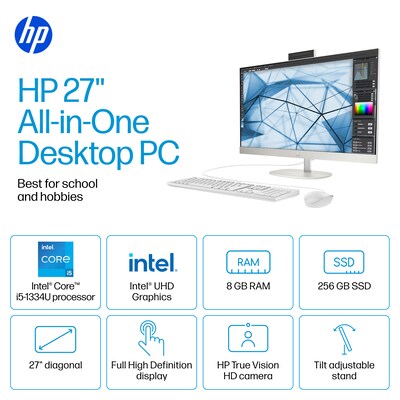 HP 27 All-in-One Desktop Computer, Intel Core  i5-1334U, 8GB RAM, 256GB SSD, Windows 11 Home