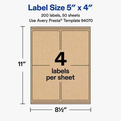 Avery Rectangle Laser/Inkjet Multipurpose Labels, Kraft Brown, 4 Labels/Sheet, 50 Sheets/Pack (19479311153)
