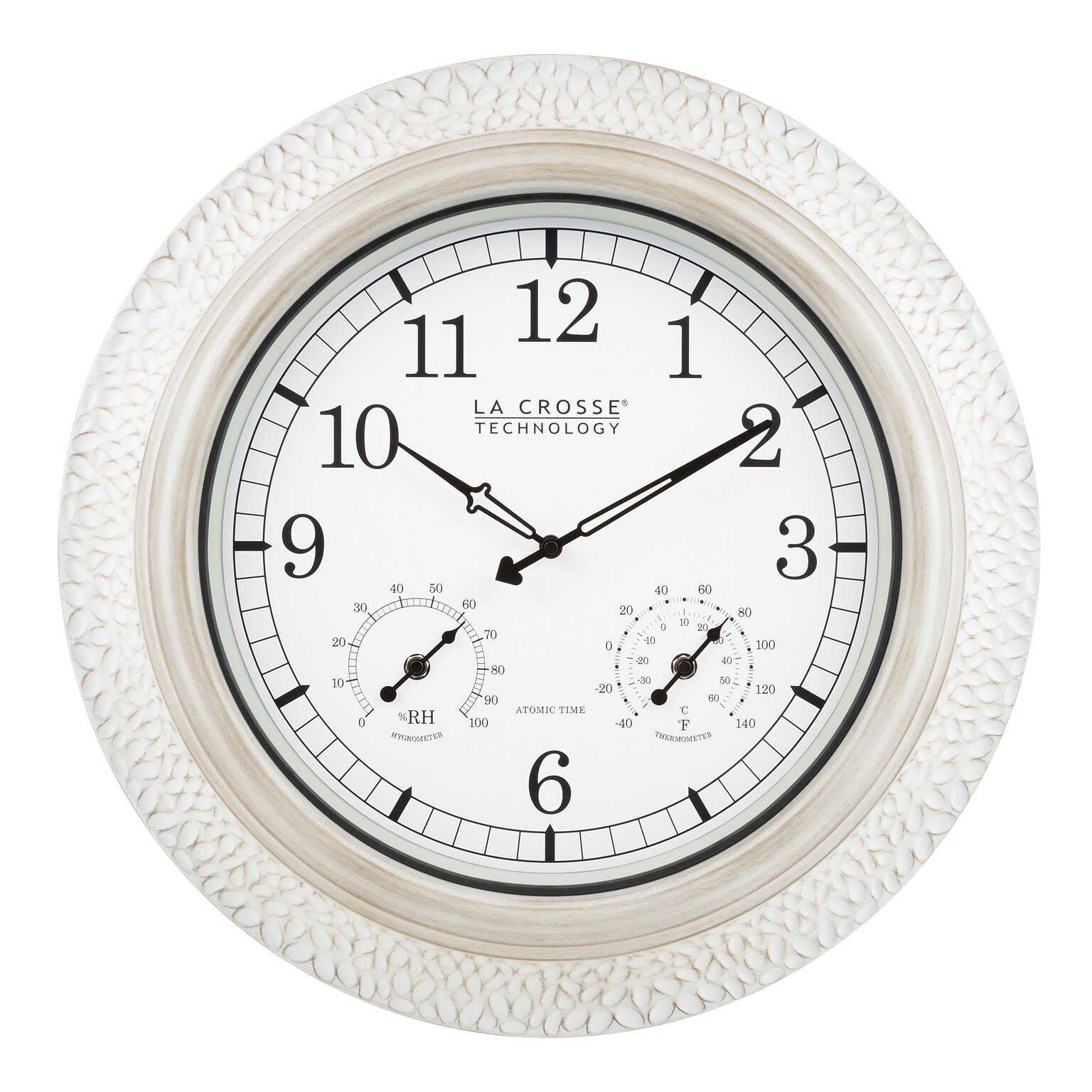 La Crosse Technology 21 Indoor/Outdoor Atomic Analog White-Washed Hammered Metal Wall Clock
