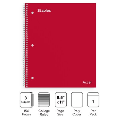 Staples Premium 3-Subject Notebook, 8.5 x 11, College Ruled, 150 Sheets, Red (ST58315)