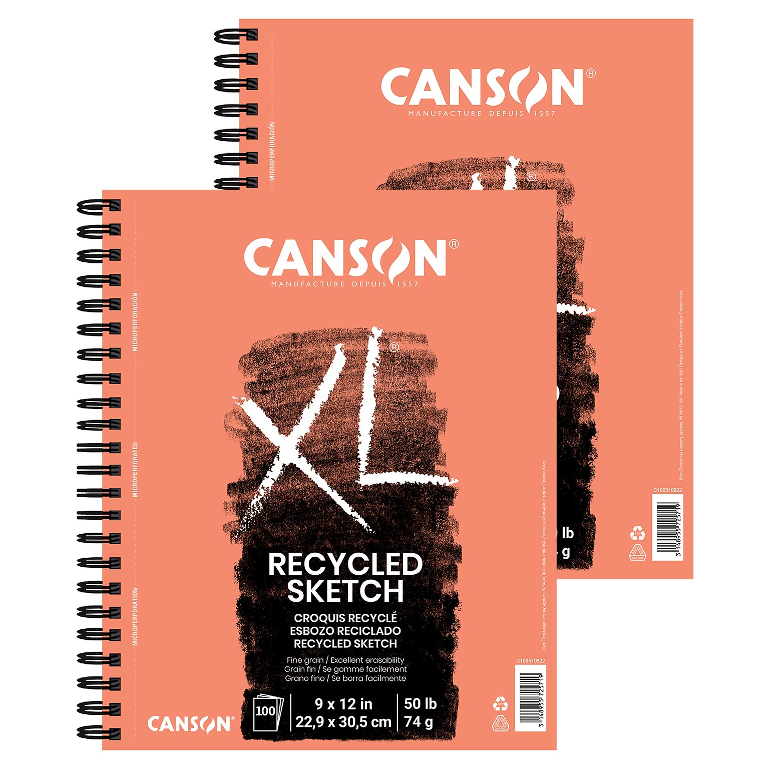 Canson XL Series 9 x 12 Wire Bound Sketch Pad, 100 Sheets/Pad, 2/Bundle (MCXC100510922-2)