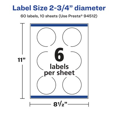 Avery Laser/Inkjet Multipurpose Circle Labels, 2.75" Dia, Glossy Clear, 60/Pack (94512)