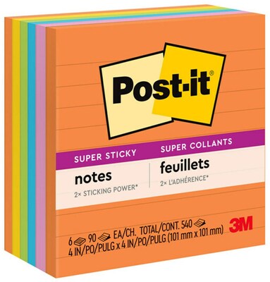 Post-it Super Sticky Notes, 4 x 4, Energy Boost Collection, Lined, 90 Sheets/Pad, 6 Pads/Pack (675