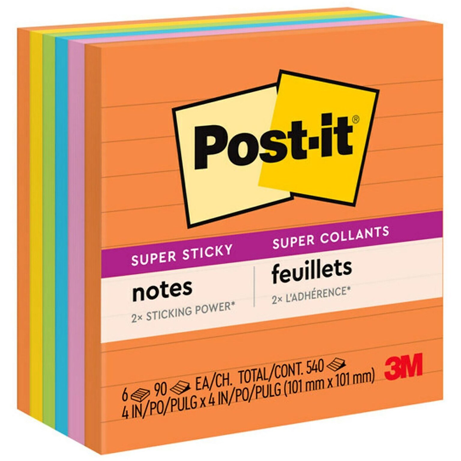 Post-it Super Sticky Notes, 4 x 4, Energy Boost Collection, Lined, 90 Sheets/Pad, 6 Pads/Pack (675-6SSUC)