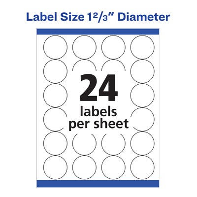 Avery High-Visibility Laser Specialty Labels, 1 2/3" Dia., White, 24 Labels/Sheet, 25 Sheets/Pack (5293)