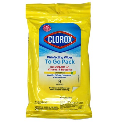 Clorox To Go Crisp Lemon Scent Disinfecting To Go Wipes, 9 Wipes/Pack, 12 Packs/Traypack, 2 Traypacks/Carton