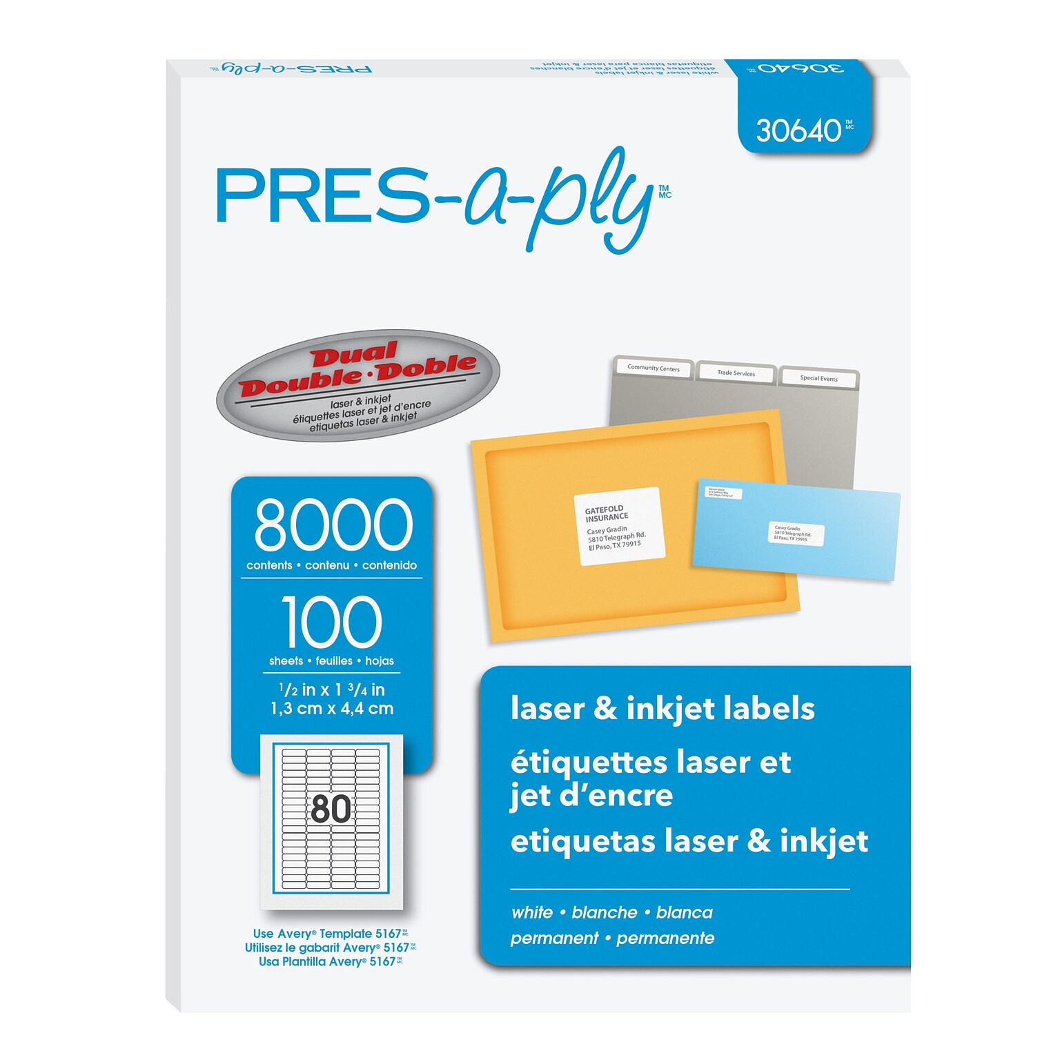 PRES-a-ply Laser/Inkjet Return Address Labels, 1/2 x 1-3/4, White, 80 Labels/Sheet, 100 Sheets/Pack (30640)