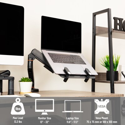 Mind Reader Adjustable Gas Spring Laptop Desk Mount, Fits 11.6 - 17.3" Laptops or Monitors, Black, (GARLAP-BLK)