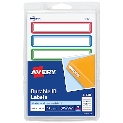 Avery Water-Resistant Laser/Inkjet ID Labels, 5/8 x 3-1/2, Assorted Border Colors, 7 Labels/Sheet,