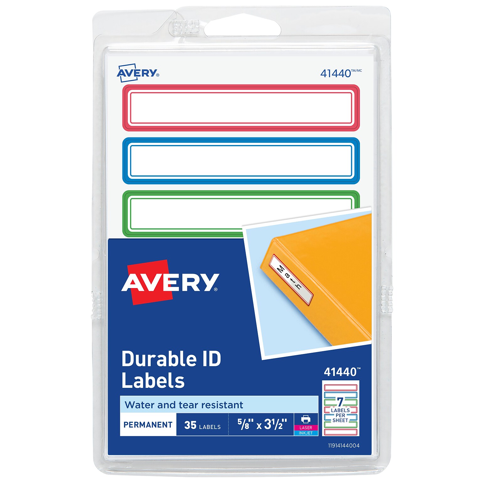 Avery Water-Resistant Laser/Inkjet ID Labels, 5/8 x 3-1/2, Assorted Border Colors, 7 Labels/Sheet, 35 Labels/Pack (41440)