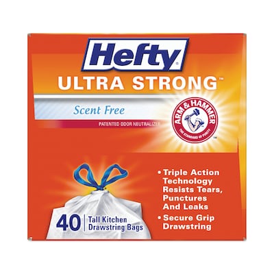 Hefty® Ultra Strong Tall Kitchen and Trash Bags, 13 gal, 0.9 mil, 23.75 x 24.88, White, 40 Bags/Bo