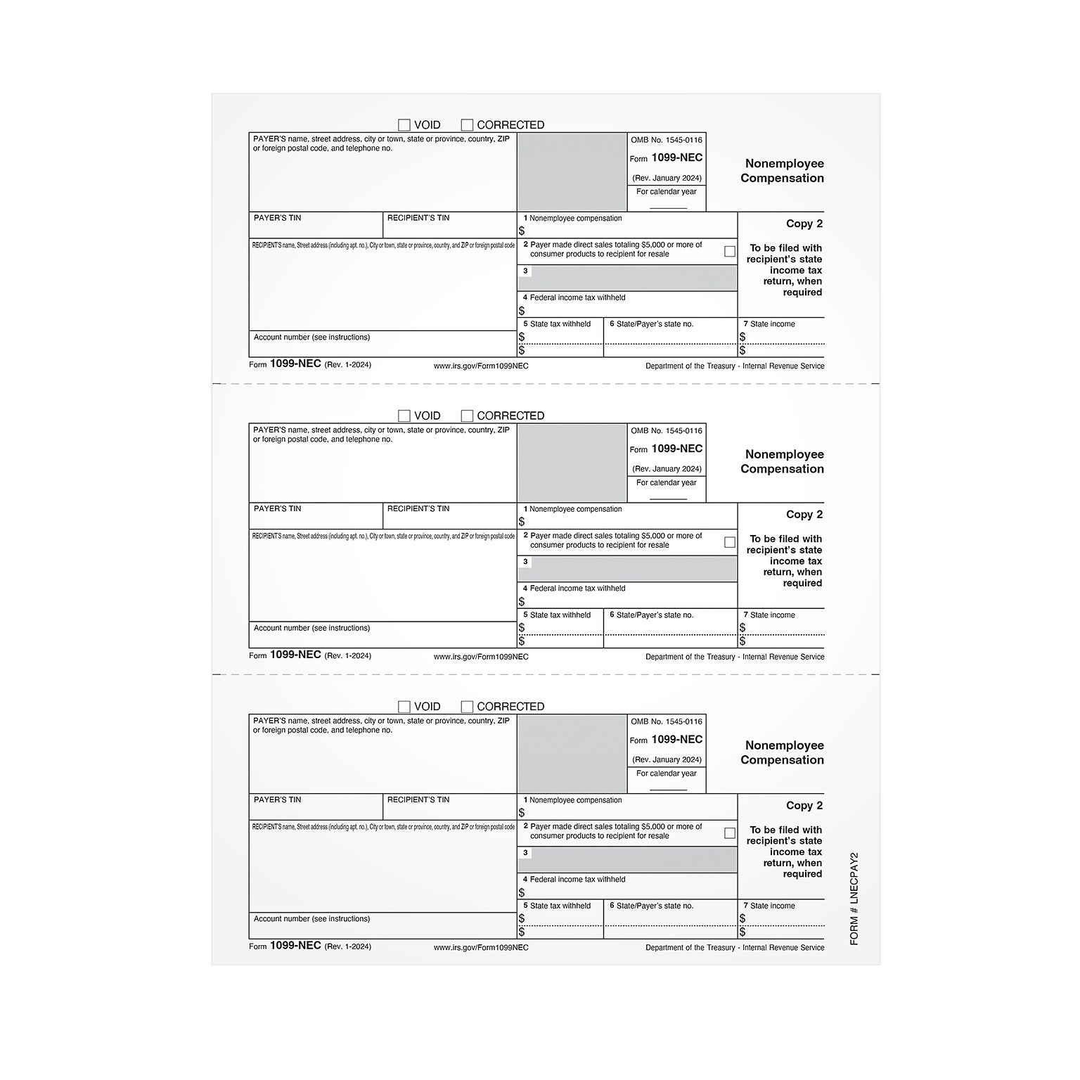 Adams Employees Copies Cut Sheet 2025 1099-NEC Tax Form, 1-Part, 100/Pack (LNECPAY2)