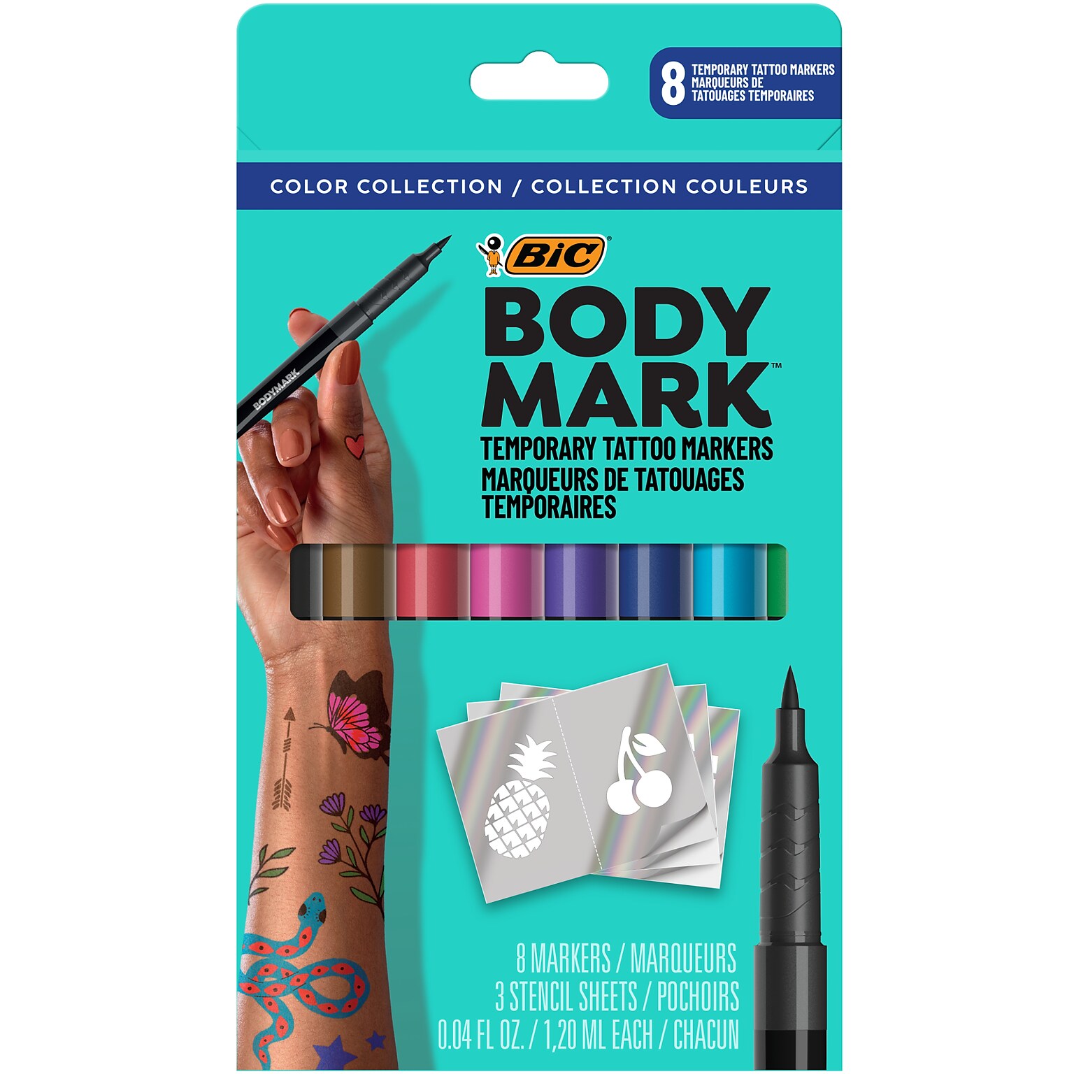 BIC BodyMark Washable Temporary Tattoo Markers, Medium Point, Assorted Colors, 8/Pack (MTBP81-AST)