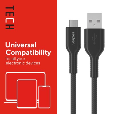 Staples TECH Micro USB to USB-A Charging Cable, 6.5 ft., Black (ST62328)