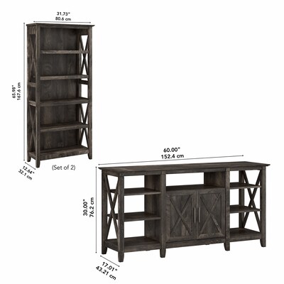 Bush Furniture Key West Tall TV Stand with Set of 2 Bookcases, Dark Gray Hickory, Screens up to 65" (KWS027GH)