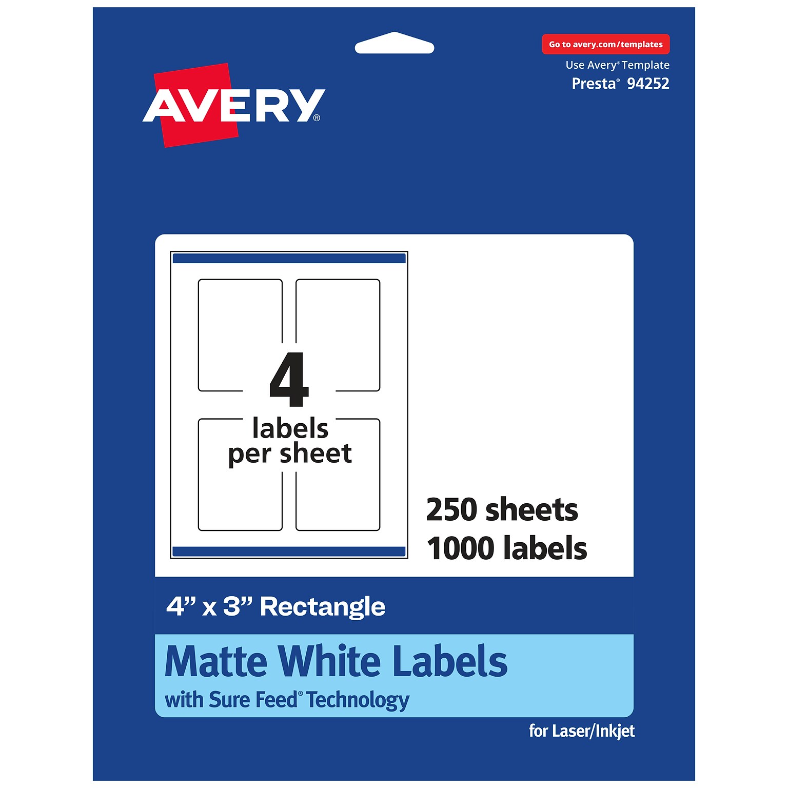Avery Laser/Inkjet Rectangle Multipurpose Labels, 4 x 3, White, 1000 Labels/Box (94252)