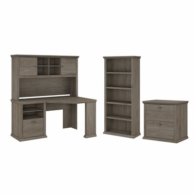 Bush Furniture Yorktown 60 Corner Desk with Hutch, Lateral File Cabinet and 5-Shelf Bookcase, Restored Gray (YRK002RTG)