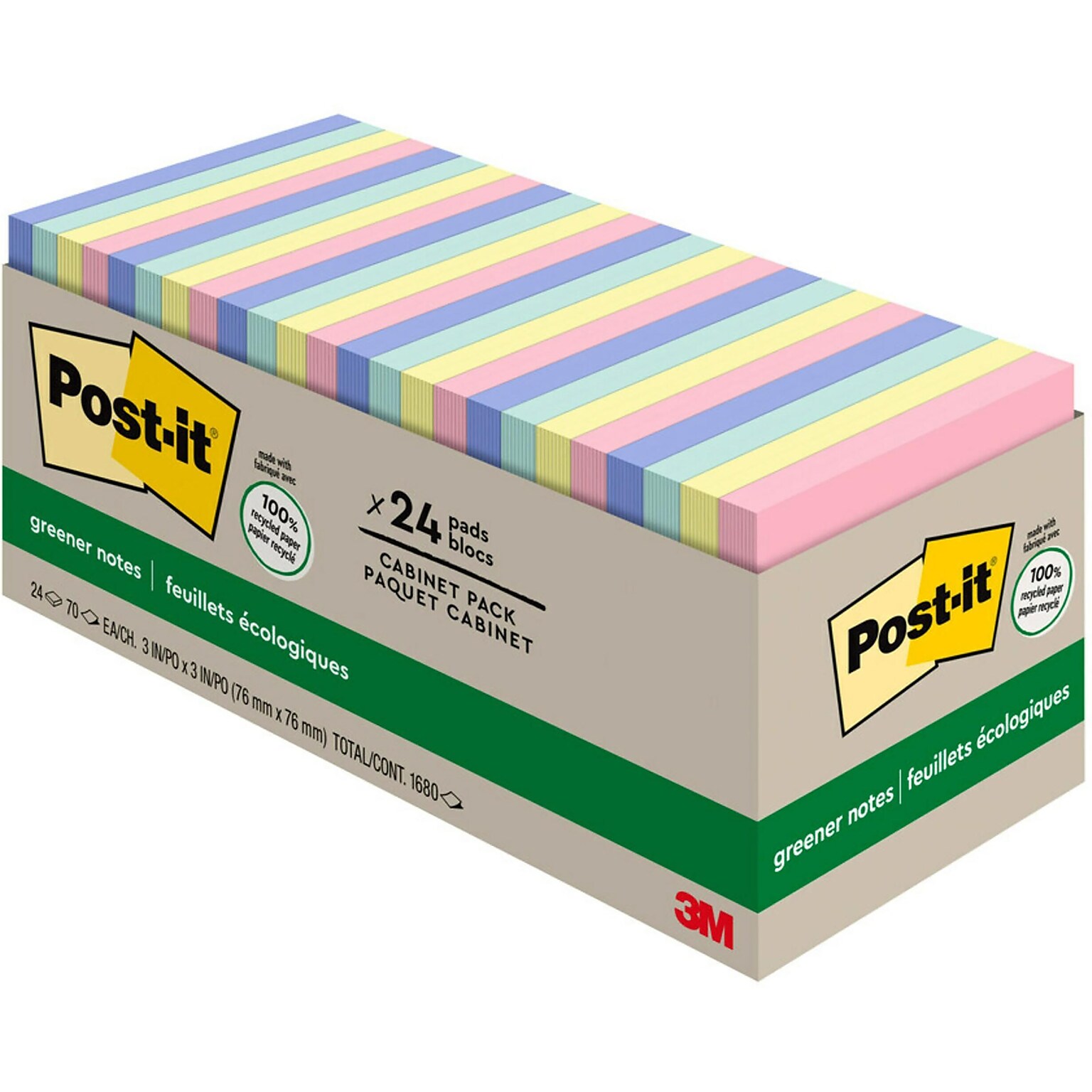 Post-it Recycled Notes, 3 x 3, Sweet Sprinkles Collection, 75 Sheet/Pad, 24 Pads/Pack (654R24CPAP)