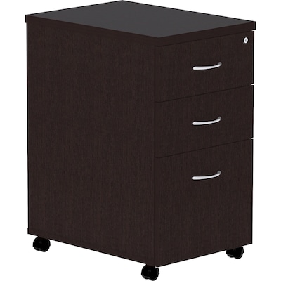 Lorell Essentials 3-Drawer Mobile Pedestal Cabinet, Letter/Legal Size, Lockable, 28.3H x 16W x 22D, Espresso/Silver Brush