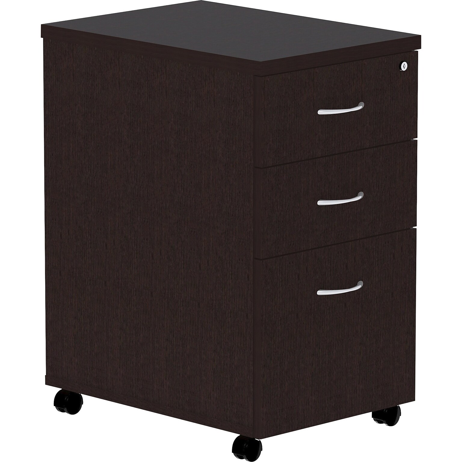 Lorell Essentials 3-Drawer Mobile Pedestal Cabinet, Letter/Legal Size, Lockable, 28.3H x 16W x 22D, Espresso/Silver Brush