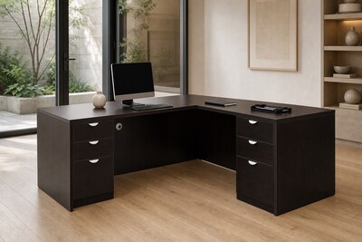 Boss Office Products 66" L-Shaped Desk with 2 File Pedestals, Mocha (GROUPA21-MOC)