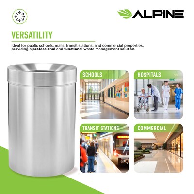 Alpine Industries Stainless Steel Trash Can with Open Lid, 50 Gallon, Silver (ALP475-50)
