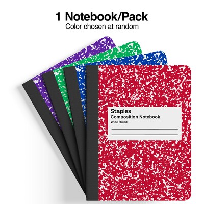 Staples 1-Subject Composition Notebook, 7.5 x 9.75, Wide Ruled, 100 Sheets, Color chosen at random