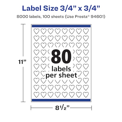 Avery Waterproof Heart Shaped Laser/Inkjet Multipurpose Labels, 0.75" x 0.75", White, 8000/Box (94601)