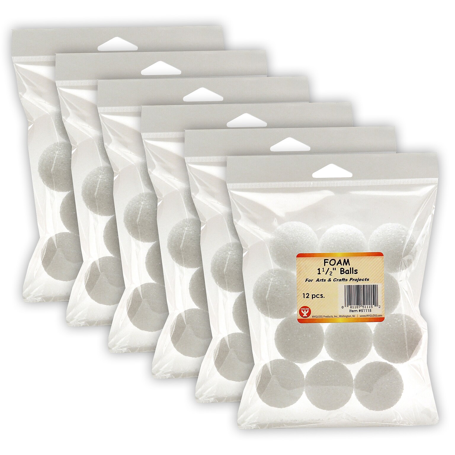 Hygloss Craft Foam Balls, 1-1/2 Inch, 12/Pack, 6 Packs (HYG51115-6)