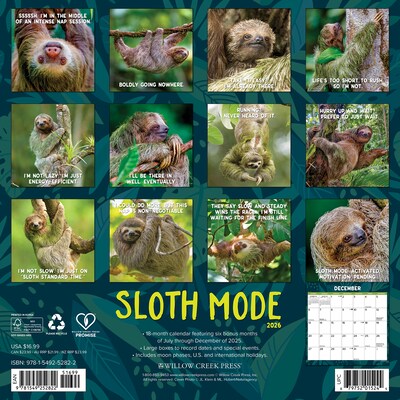 2026 Willow Creek Sloth Mode 12 x 12 Monthly Wall Calendar (52822)