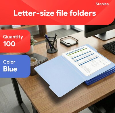 Staples File Folders, 1/3-Cut Tab, Letter Size, Blue, 100/Box (ST224527-CC)