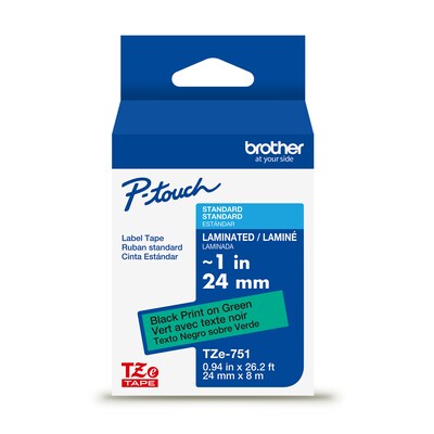 Brother P-touch Laminated Label Tape, 1 x 26.2, Black on Green (TZe751)