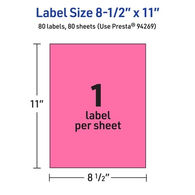 Avery Laser/Inkjet Rectangle Multipurpose Labels, 8.5" x 11", Bright Pink, 80/Box (94269)